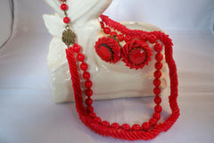Miriam Haskell Red Glass Earring and Necklace set.